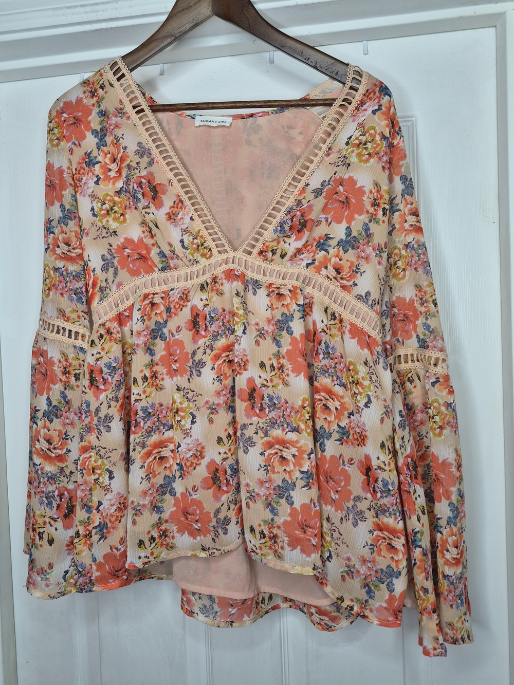Sugarlips Floral Crochet-Trim V-Neck Blouse - Peach/Coral